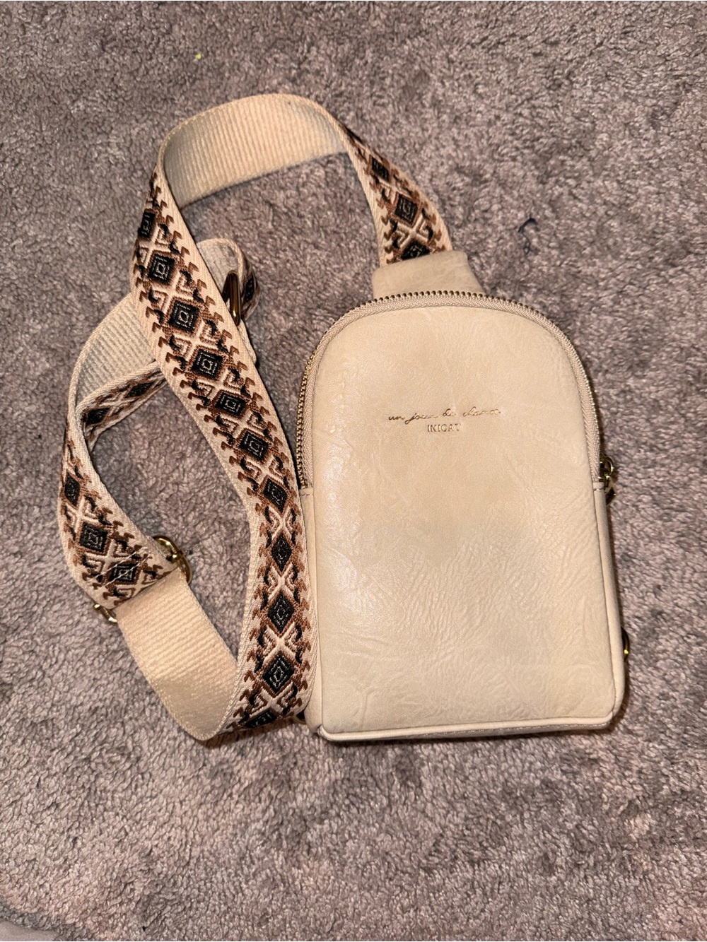 Cream Crossbody Bag with Patterned Strap